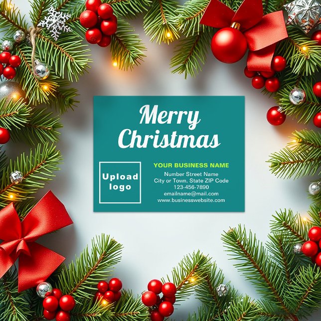 Teal Green | Christmas | Business | Small Flat Holiday Card (Business brand on teal green flat holiday card for Christmas)