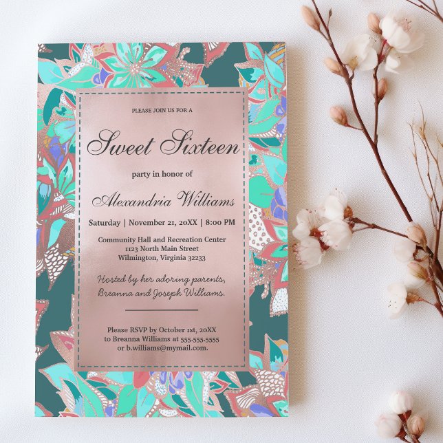 Teal green coral rose gold floral Sweet 16 Invitation (Teal green coral rose gold floral Sweet 16 )