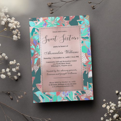 Teal green coral rose gold floral Sweet 16 Invitation