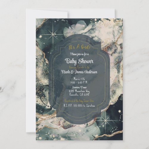 Teal Green Cosmic Watercolor Gold Celestial Baby Invitation