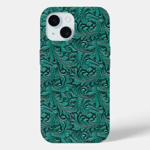 Teal green cowgirl floral tooled leather western iPhone 15 case