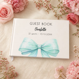 Teal green cream bow birthday guest book