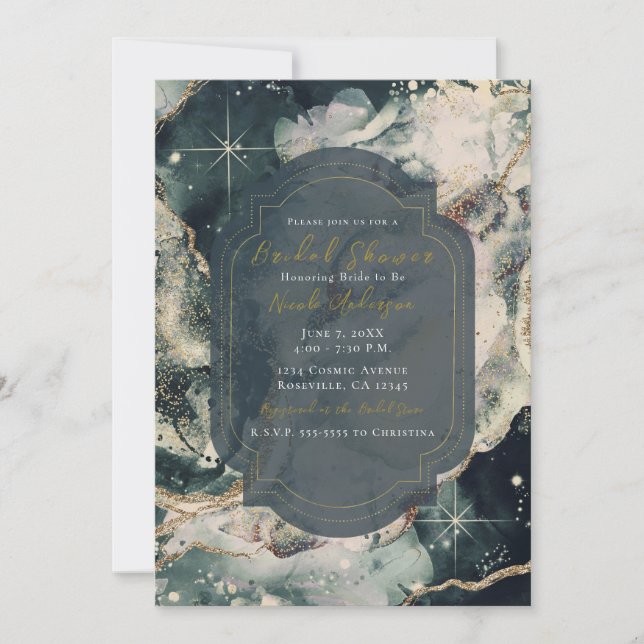 Teal Green Cream Watercolor Gold Celestial Bridal  Invitation (Front)