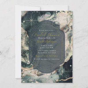 Teal Green Cream Watercolor Gold Celestial Bridal Invitation