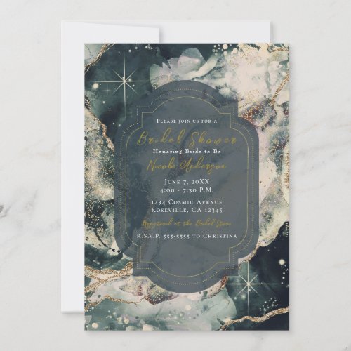 Teal Green Cream Watercolor Gold Celestial Bridal  Invitation
