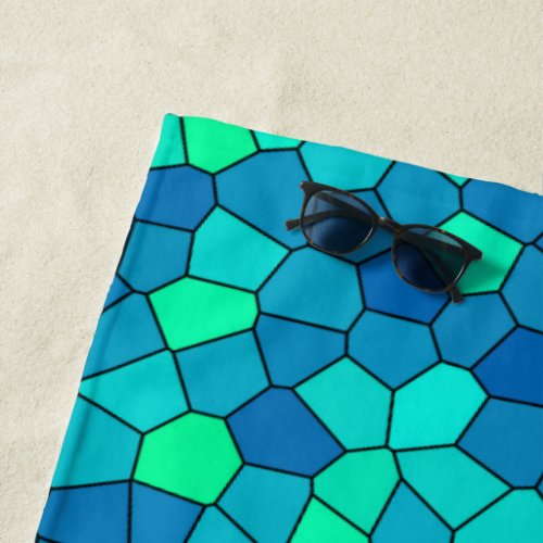 Teal Green Cyan Blue Stained Glass Pattern Beach Towel