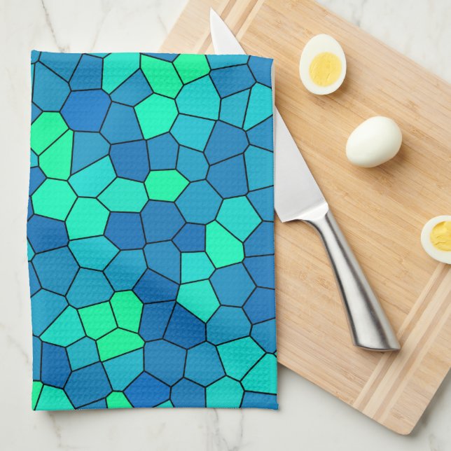 Teal Green Cyan Blue Stained Glass Pattern Kitchen Towel (Quarter Fold)