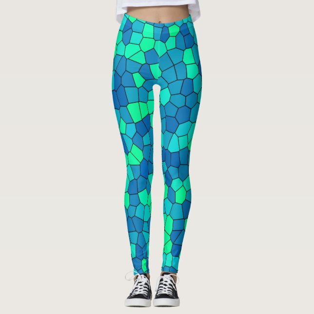 Teal Green Cyan Blue Stained Glass Pattern Leggings (Front)