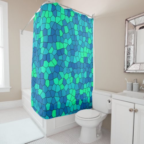 Teal Green Cyan Blue Stained Glass Pattern Shower Curtain