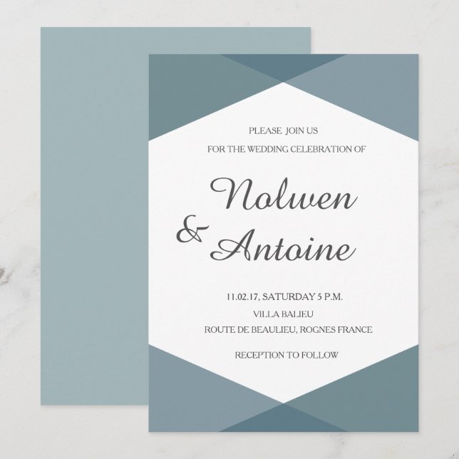 Teal green cyan geometric elegant modern wedding invitation (Front/Back)