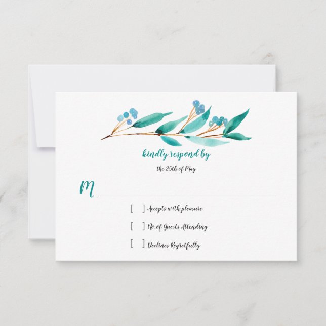 Teal Green Cypress Leaves and Berries RSVP (Front)