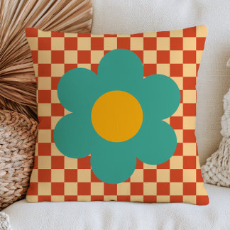 Teal Green Daisy on Brown Checkered Pattern RETRO Throw Pillow