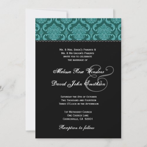 Teal Green Damask and Black Wedding Ver2 Announcements