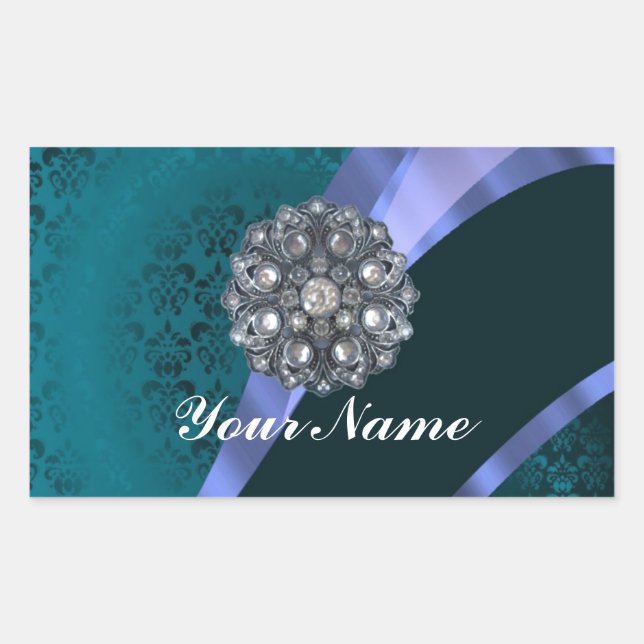 Teal green damask & ribbon rectangular sticker (Front)