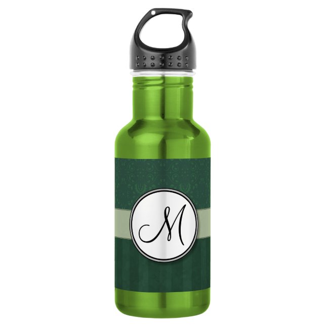 Teal Green Damask with Stripes and Monogram Water Bottle (Front)