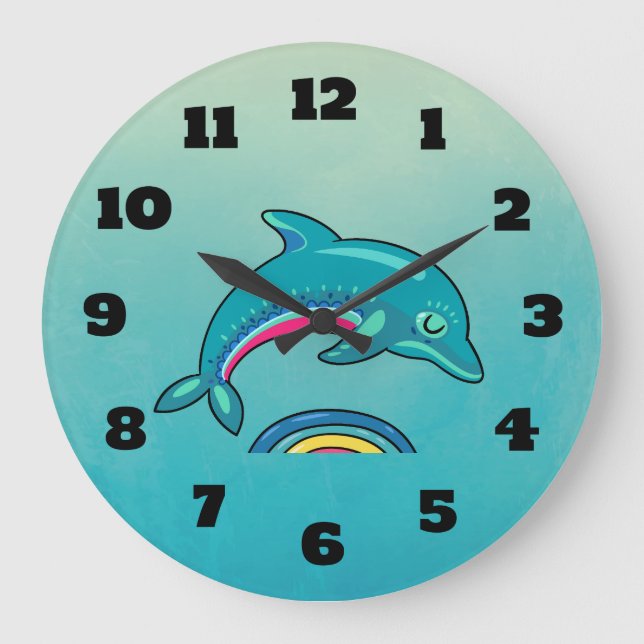 Teal Green Dolphin Jumping Over Stylish Water Large Clock (Front)