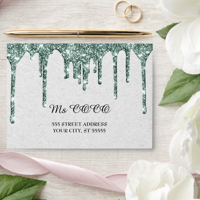 Teal Green Drips Wedding Gray Kraft Paper Effect Envelope (Wedding)