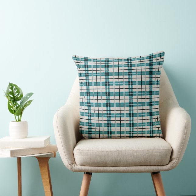 Teal Green Dusty Tan Primitive Plaid Throw Pillow (Chair)