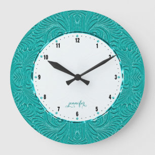 Teal Green Embossed Floral Damasks Large Clock