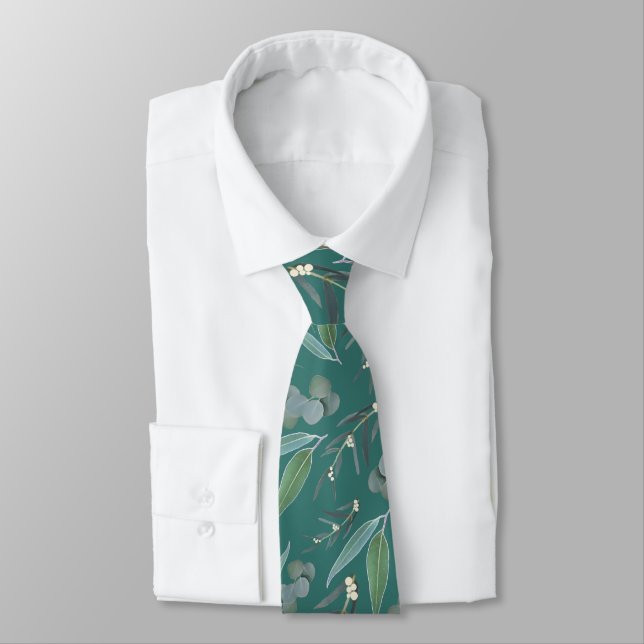 Teal Green Eucalyptus Greenery Pattern Neck Tie (Tied)