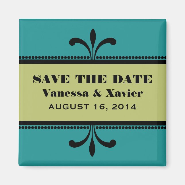 Teal/Green Fancy Art Deco Save the Date Magnet (Front)