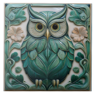 Teal green faux relief Art Nouveau Owl Ceramic Tile