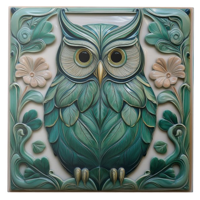 Teal green faux relief Art Nouveau Owl Ceramic Tile (Front)