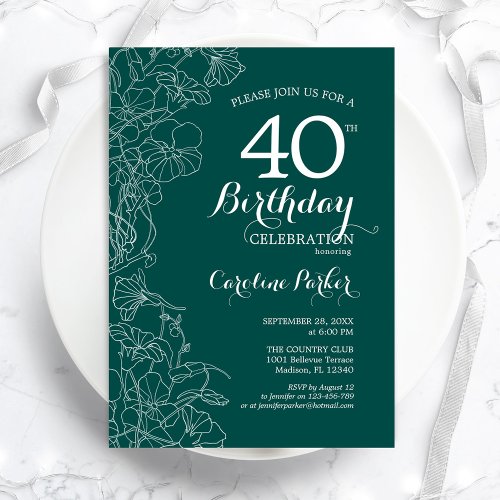 Teal Green Floral 40th Birthday Party Invitation