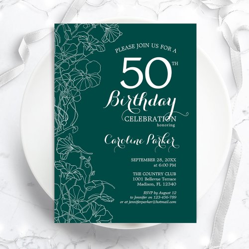 Teal Green Floral 50th Birthday Party Invitation