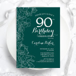 Teal Green Floral 90th Birthday Party Invitation<br><div class="desc">Green Floral 90th Birthday Party Invitation. Minimalist modern design featuring botanical outline drawings accents and typography script font. Simple trendy invite card perfect for a stylish female bday celebration. Can be customized to any age. Printed Zazzle invitations or instant download digital printable template.</div>