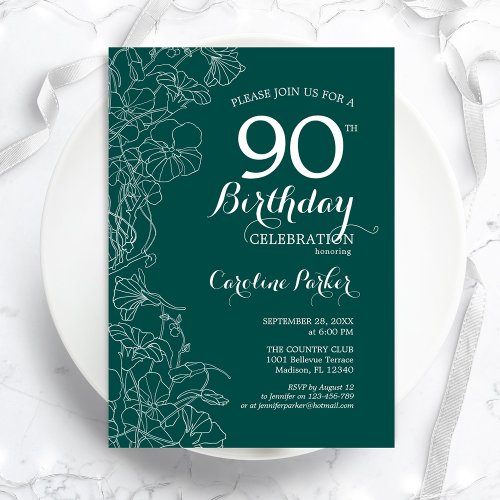 Teal Green Floral 90th Birthday Party Invitation
