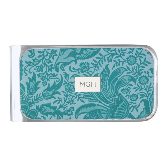 Teal Green Floral Botanical Monogram Silver Finish Money Clip (Front)