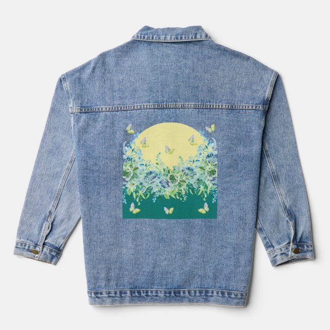 Teal Green Floral Butterfly Denim Jacket (Back)