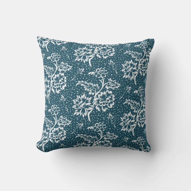 Teal Green Floral Chintz Elegant Throw Pillow (Front)