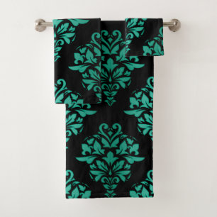 Teal Green Floral Damask Towel Set