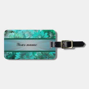 Teal green floral pattern luggage tag