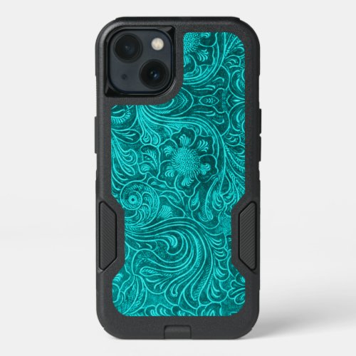 teal green Floral pattern Suede leather Look iPhone 13 Case