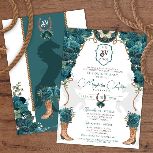 Teal Green Floral Western Charro Quinceaera Invitation