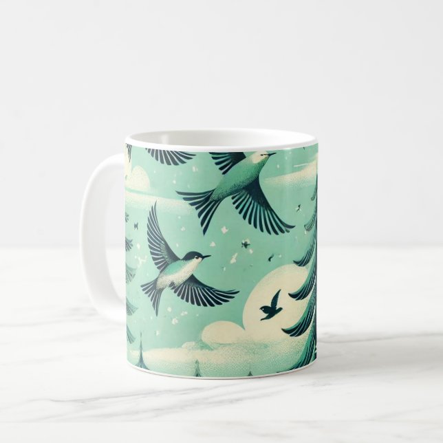 Teal Green Forest and Birds Pattern Coffee Mug (Front Left)