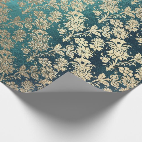 Teal Green Foxier Rose Gold Powder Faux Floral Wrapping Paper