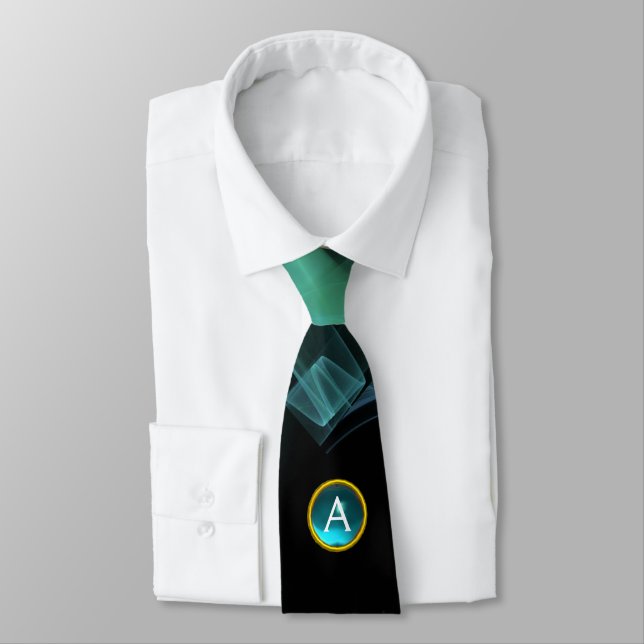 TEAL GREEN FRACTAL WAVES,SWIRLS,BLUE GEM MONOGRAM NECK TIE (Tied)