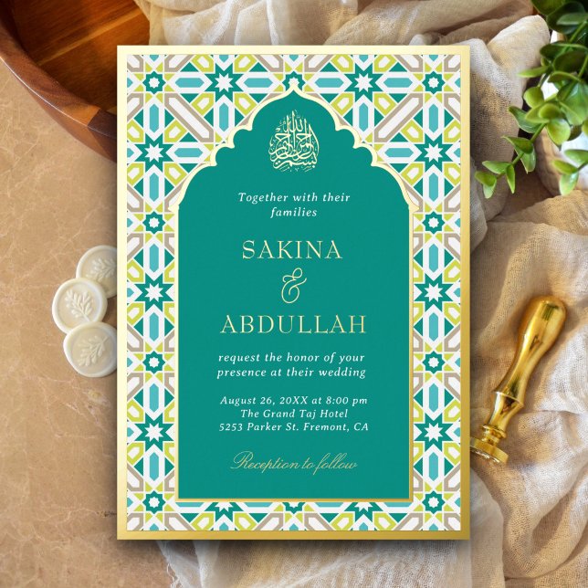 Teal Green Geometric Islamic Muslim Wedding Gold Foil Invitation (Creator Uploaded)