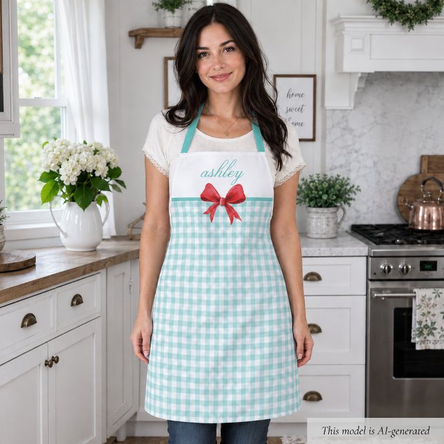 Teal Green Gingham Apron (sweet cottagecore coquette rustic retro teal green gingham apron with red bow with custom name)