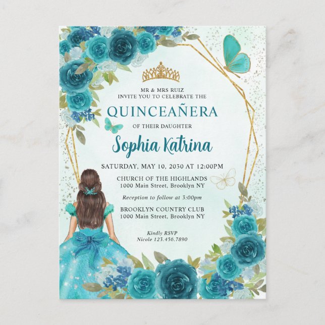 Teal Green Glam Gold Floral Princess Quinceañera Invitation Postcard (Front)