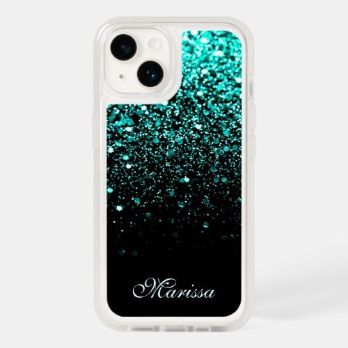 Teal Green Glitter Black OtterBox iPhone 14 Case