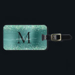 Teal Green Glitter Brush Metal Monogram Script Luggage Tag<br><div class="desc">Glam Elegant Teal Green Glitter Sparkle Brushed Metal Girly Script Monogram Luggage Tag</div>