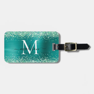 Teal Green Glitter Brushed Metal Monogram Script Luggage Tag