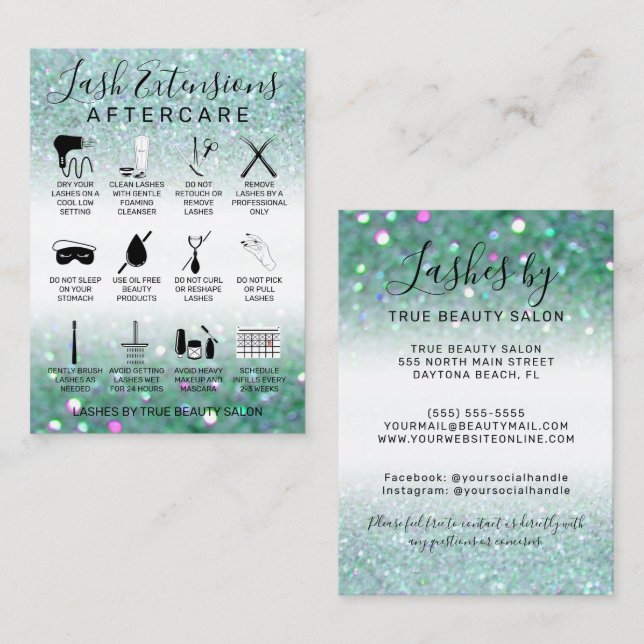 Teal Green Glitter Lash Extensions Aftercare Icon Business Card (Front/Back)