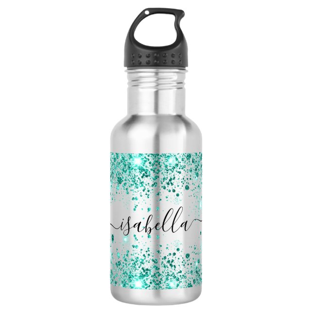 Teal green glitter name script girl stainless steel water bottle (Front)