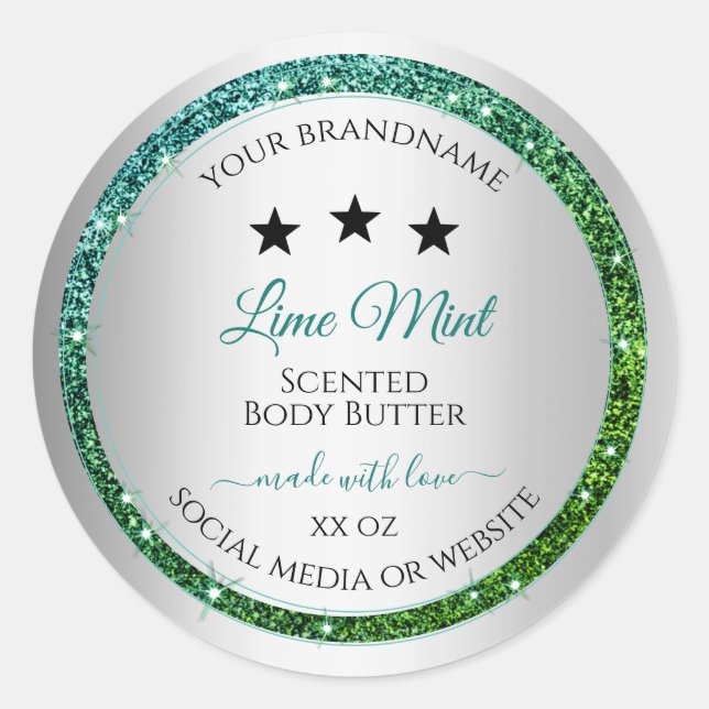 Teal Green Glitter Silver Product Packaging Label (Front)